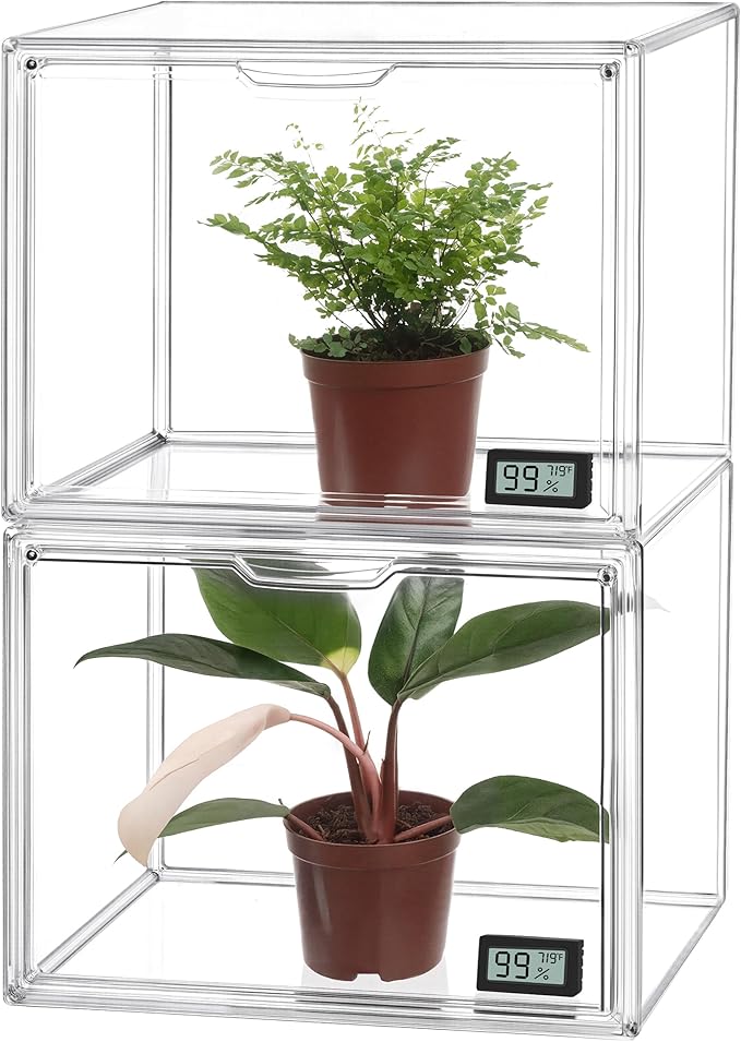 HBlife Mini Greenhouse for Indoor, Clear Stackable Green House with Magnetic Waterproof Door for Small Plants Nursery Germination, Tabletop Portable Greenhouse, 14.1x8.6x10.6 Inch (2 Pack)