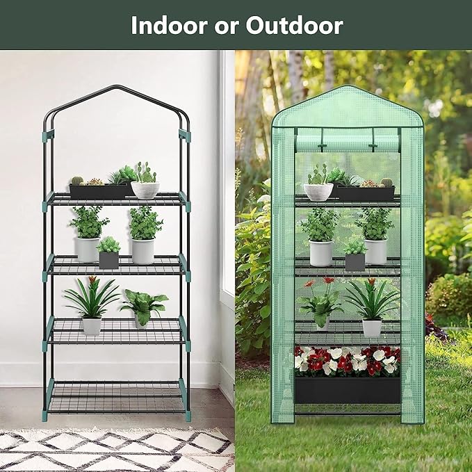 LEMY 4 Tier Mini Greenhouse Indoor Outdoor with PE Cover and Roll-Up Zipper Door,Portable Plant Green House for Seeds and Seedlings,Waterproof Shelved Tent for Patio,Garden,Balcony