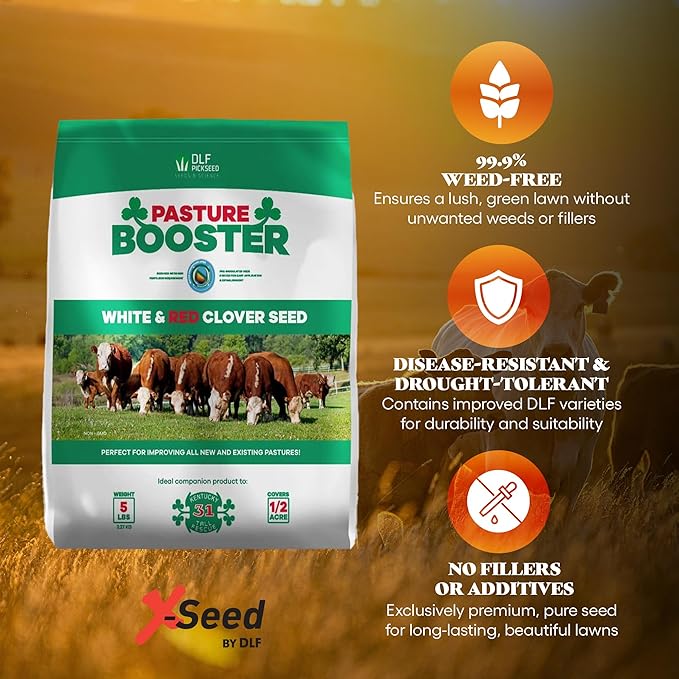 DLF Pasture Booster Clover Seed Mixture - Premium Clover Seed for Pastures, Livestock, Horses, Providing Protein & Essential Nutrients Enhance Soil Health - (White & Red Clover) 5 lbs, 0.21 cubic feet