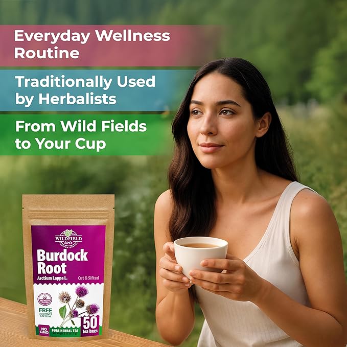 Wildfield Herbs 50 Bags Burdock Root Tea Herb Dried Burdock Root Tea Herb (Arctium Lappa Root) - 50 Count 1.5g Bags Bardana