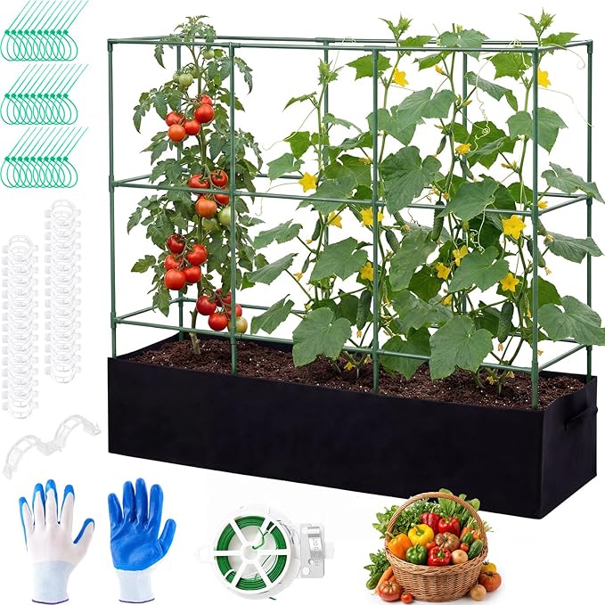 BreezeHug Garden Tomato Cages with 46 Gallon Grow Bags, 51" Height Adjustable Square Plant Support Trellis Large Steel Plant Tower Stakes for Climbing Vegetables Cucumber Squash Pea Flowers Fruits