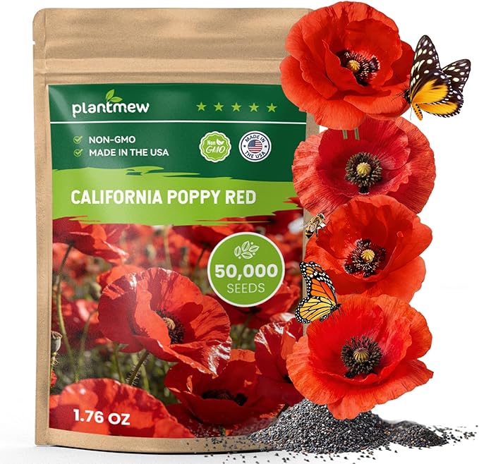 California Poppy Seeds for Planting, Red Poppy Flower Seeds, Bulk 50,000+ Seeds (1.76 oz), Easy to Grow, California State Flower for Garden