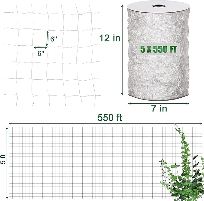Heavy Duty Trellis Netting Roll, Oltara 5 x 550 ft Soft Mesh Nylon Garden Plant Trellis Netting Bulk for Climbing Plants, Vegetables, Fruits, Cucumber, Pea, Tomatoes