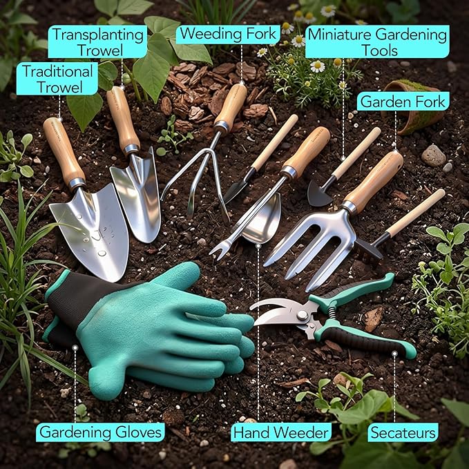 Bluemars Gardening Hand Tool Kit 14PCS Heavy Duty Stainless Steel Garden Tool Set with Floral Garden Tote -Outdoor Gardening Transplanting Gifts for Woman