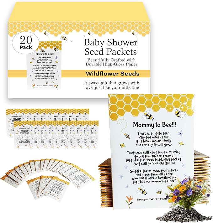 Mommy to Bee Seed Packets | Girl or Boy Baby Shower Favors for Guests | 20 Wildflower Seeds Packets | Pre-Filled | Bouquet Wildflower Mix | Non-GMO Seeds | Gender Neutral | Oh Baby | Gifts