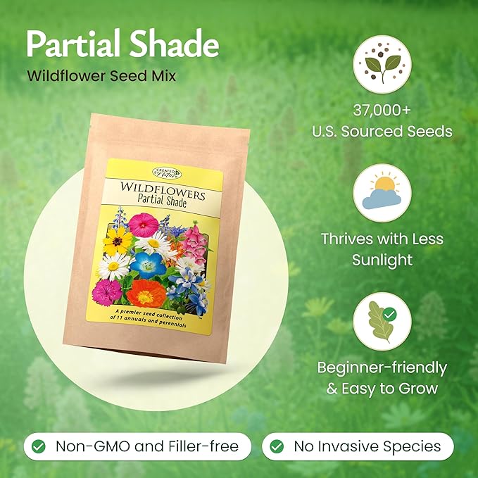 Created By Nature Partial Shade Wildflower Seed Mix, 11 Flower Varieties, 37,000 Seeds