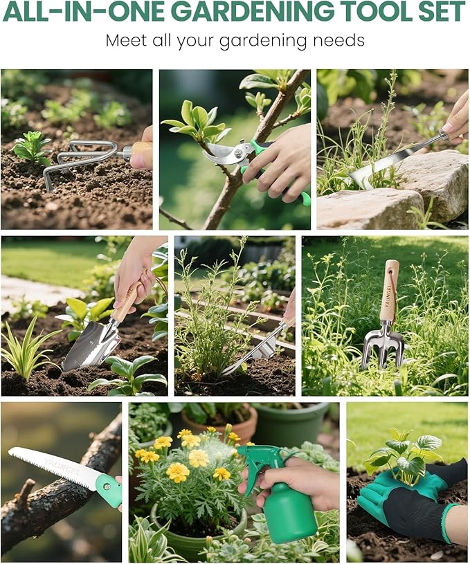 Gardening Tools - 10 Piece Heavy Duty Gardening Hand Tools Stainless Steel Garden Tools with Wooden Handle, Storage Garden Bag, Gardening Gifts for Women and Men