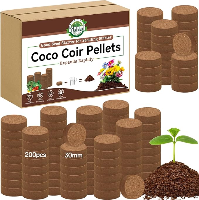 Halatool 200pcs 30mm Organic Coconut Coir Pellets Soil for Seed Starter, Compressed Coco Coir Potting Soil for Growing Vegetables, Fruits, Flowers