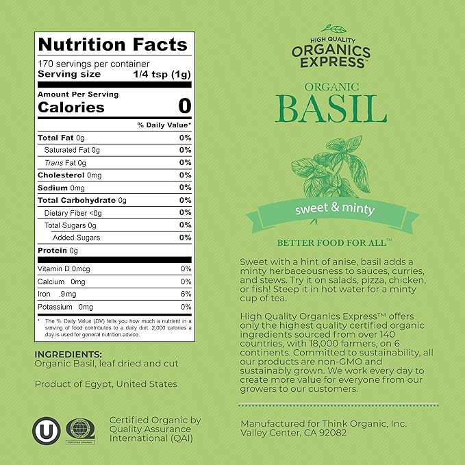HQOExpress Organic Basil Medium Cut – Non GMO, Kosher, USDA Certified Organic Basil Leaves, Dried and Ground – Peppery and Aromatic Seasoning for Soups, Sauces, Dressings and Salads, 6 oz. Chef Jar