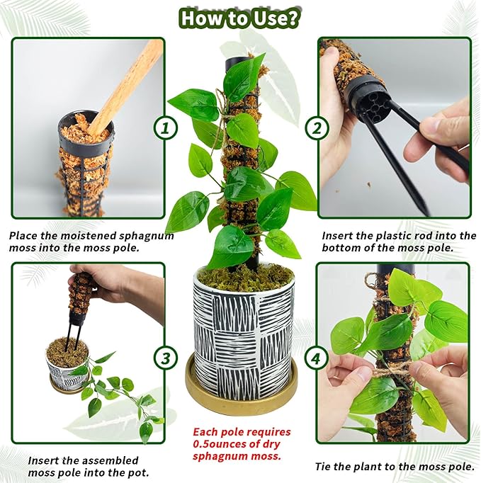 Small Moss Pole for Monstera - Stackable & Refillable Plastic Moss Poles for Climbing Plants with Large Mesh Design (4Pack-Black-Small)
