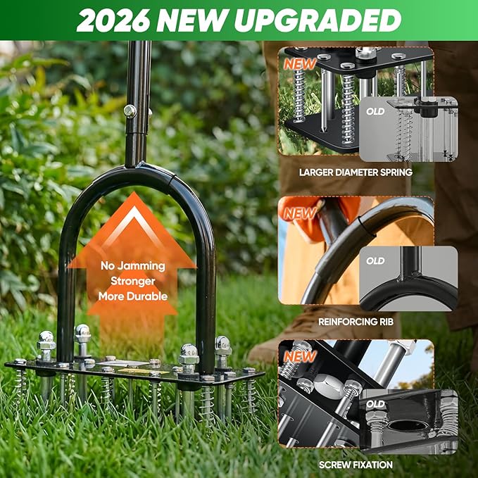 Saker Manual Lawn Aerator Tool with 15 Iron Spikes Adjustable Height, Double-Layer Spring, Heavy-Duty Iron Lawn Aerator Tool with Gloves for Loosening Soil Aerating Patio, Yard, Garden Black
