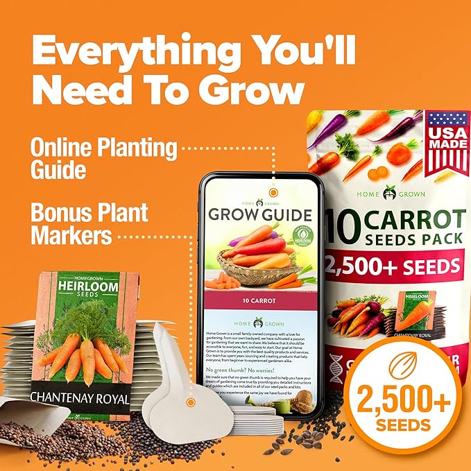 HOME GROWN Rainbow Carrot Seeds 2500+ Heirloom Seeds (10 Varieties) – High Germination, Vegetable Seeds for Planting Indoors or Outdoor Home Garden
