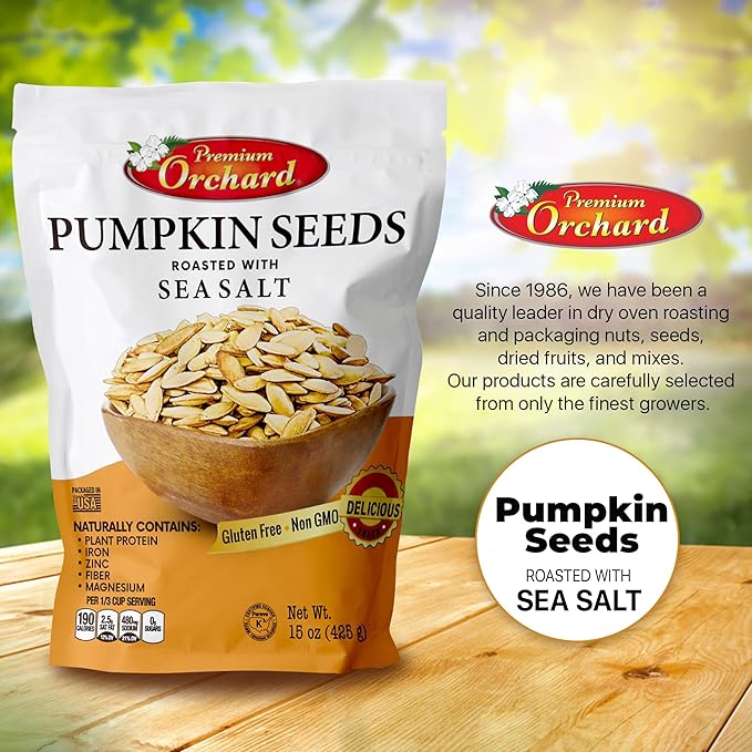 ROASTED PUMPKIN SEEDS to Eat in Shell by Premium Orchards MIXED NUTS - Salted with Sea Salt - Non-GMO Vegan Fresh Healthy Snacks/ - Great source of Plant Protein, Zinc, Magnesium & Iron (Value Pack - 3 Bags)