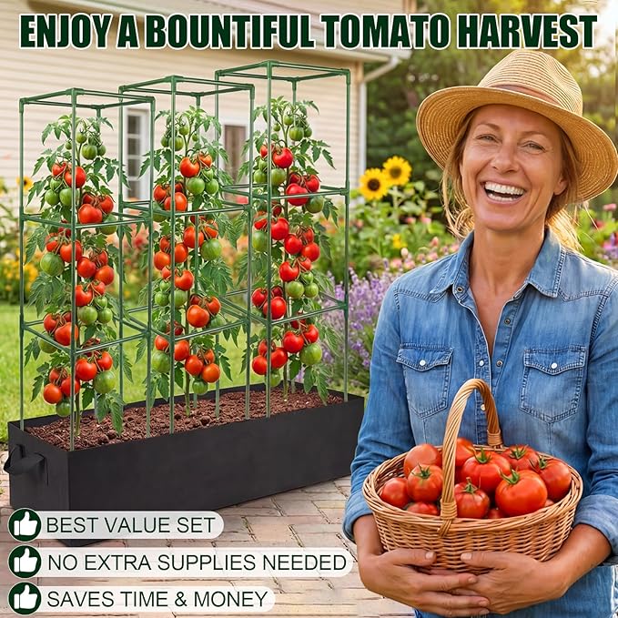 3-Pack Tomato Cages with 86 Gallon Raised Garden Bed - 41" Anti Collapse Heavy Duty Plant Support Trellis for Climbing Vegetables Plants Flowers ,Adjustable Vertical Tomato Trellis for Garden Balcony