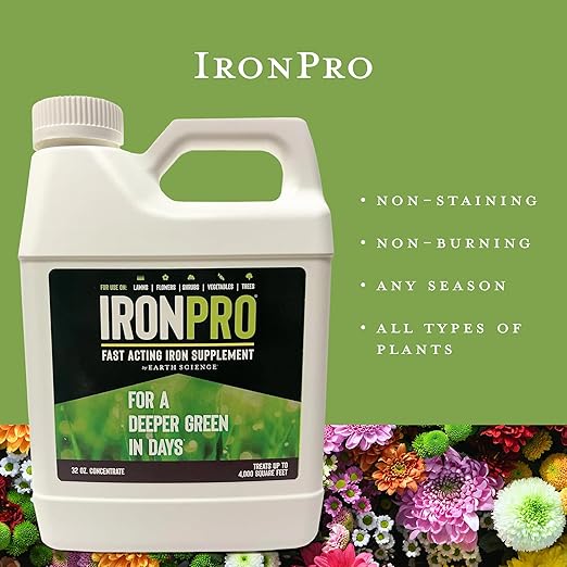 Earth Science IronPro Fast Acting Liquid Iron Concentrate— 32oz—Iron Supplement for Lawns Plants Gardens Corrects Iron Deficiency, Deepens Green Color Without Excessive Growth, Covers 4,000 Sq Ft