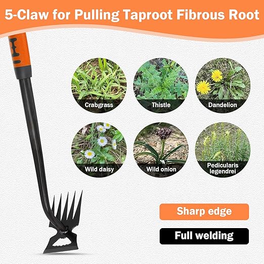 Weed Puller Tool, 2026 New Garden Weeder Tool, Hand Weeder Tool, Stainless Steel Gardening Weed Puller, 5 Teeth Dual Purpose with Rubber Handle, for Yard
