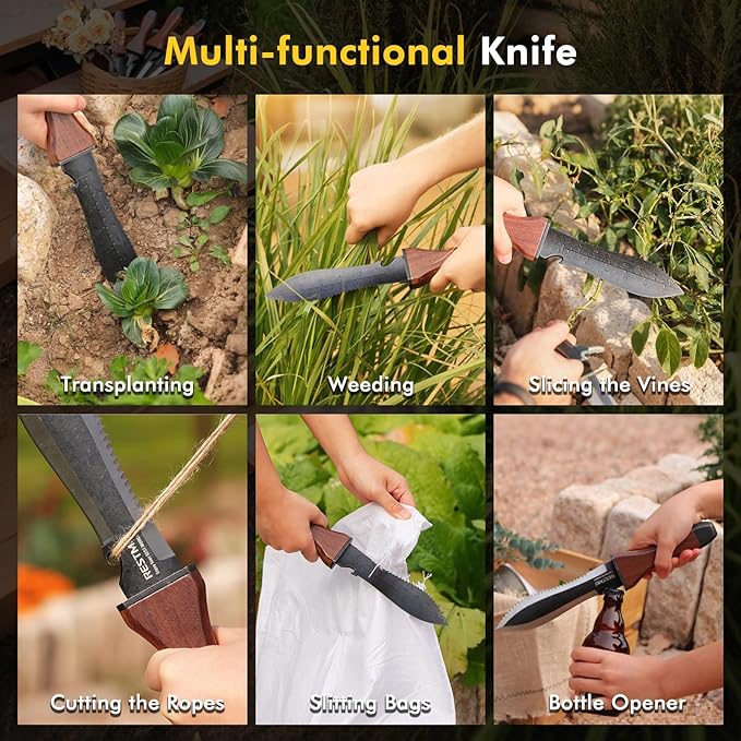 Restmo Hori Hori Garden Knife with Sheath, Durable Weeding and Planting Tools, High-Strength Stainless Steel Dual-Edge Blade, Ergonomic Walnut Handle for Gardening and Outdoor Use