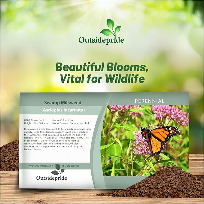 Outsidepride Swamp Milkweed Seeds - 500 Pcs Perennial, Heat & Humid Tolerant, Pollinator-Friendly Wildflower Seeds, Ideal for Monarch Butterflies, Cut Flowers, Borders, or Meadows