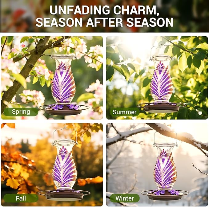 Hummingbird Feeder for Outdoors, 24oz Glass Nectar Feeder with Perch & 5 Flower Feeding Ports, Leakproof Hanging Bird Feeder for Garden Yard Decor, Outside Gifts for Women & Mom, Lavender