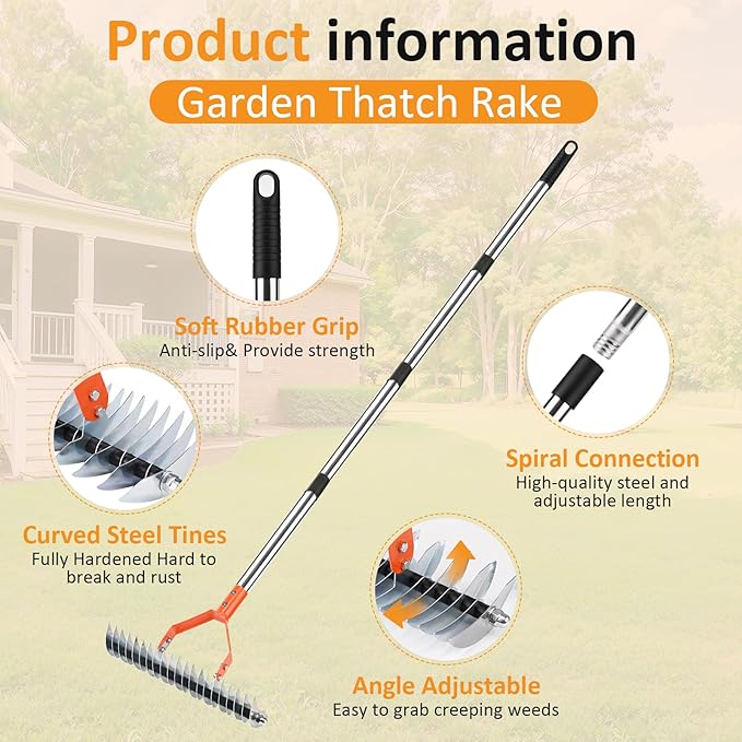 Thatch Rake -15 Inch Dethatcher Rake with Adjustable Handle, Efficient Steel Metal Rakes with Handle,Heavy Duty Thatching Rakes for Lawn,Garden, Yard