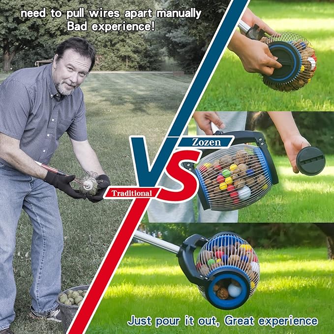 Zozen Nut Gatherer, Acorn Picker Upper, Pecan Picker Upper - Side Opening Dump, Apply to Acorns, Pecans, Buckeyes, Hickory Nuts, Nerf Balls, Golf Balls, Objects Size 3/8'' to 1''; 1 Gallon