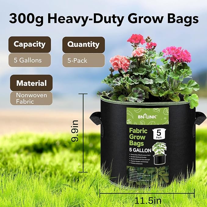 BN-LINK 10-Pack 5 Gallon Grow Bags, Heavy Duty Aeration Fabric Pots with Handles, Thickened Nonwoven Plant Bags for Vegetables, Flowers, Fruits