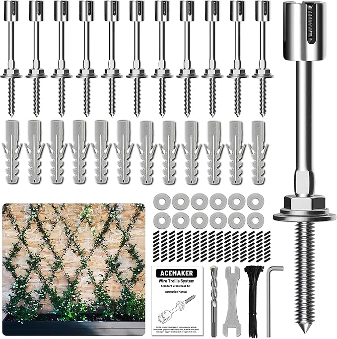 Wire Trellis for Climbing Plants Outdoor, 12-Set Wall Trellis Kit for 5/64"(2mm) Wire Ropes, T316 Espalier System for Fence and Garden DIY Projects (Hubs Only, Without Cable)
