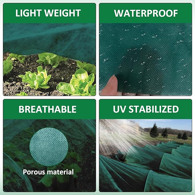 Plant Covers Freeze Protection, 6.5ft x 16ft 1.41 oz/yd² Frost Cloth Plant Blankets Floating Row Covers with 15 Stainless Steel Clips for Winter Plants Gardens Frost/Sun Pests Protection, Dark Green