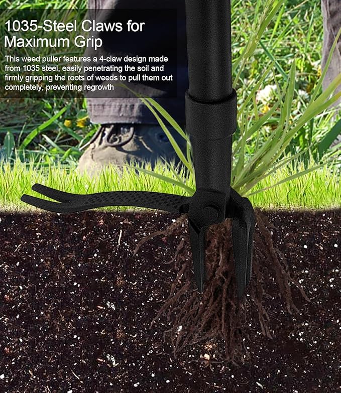 Weed Puller Tool, 4-Claw Stand Up Gardening Hand Weeding Tool with Adjustable 47.8" Stainless Steel Handle & 1035 Steel Head - Easily Remove Weeds Without Bending, Pulling, or Kneeling