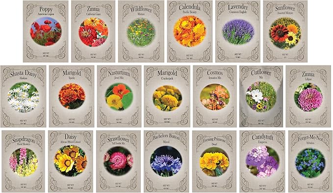 Flower Seed Set - Flower Varieties of Non-GMO & Heirloom Premium Seeds for Planting - Sunflower, Marigold, Lavender, and More! (20, Set 1)