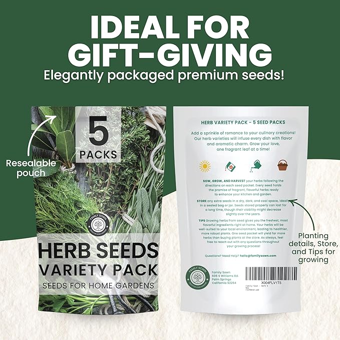 Herb Seeds | 5 Invidiual Packs | 2026 Season | Non-GMO | Basil, Dill, Spearmint, Parsley & Thyme! | for Planting Indoor & Outdoor | by Family Sown