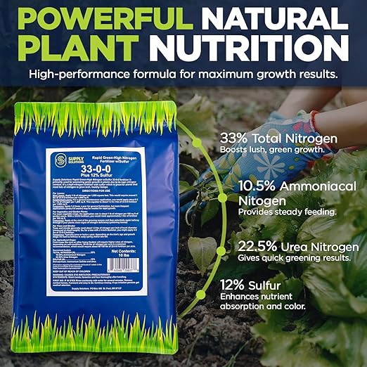 Supply Solutions | 33-0-0 Rapid Green High Nitrogen Fertilizer with Sulfur - Fast-Acting Lawn & Turf Fertilizer for Lush Green Growth - Nitrogen-Rich Plant Food for Grass, Crops & Gardens (10 Pounds)