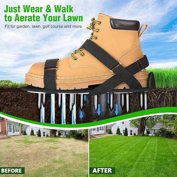 Lawn Aerator Shoes for Grass - Pre-Assembled Grass Aerator Shoes for Lawn - Soil Yard Aerator Tool for Aerating Patio Garden, Black, Large Size