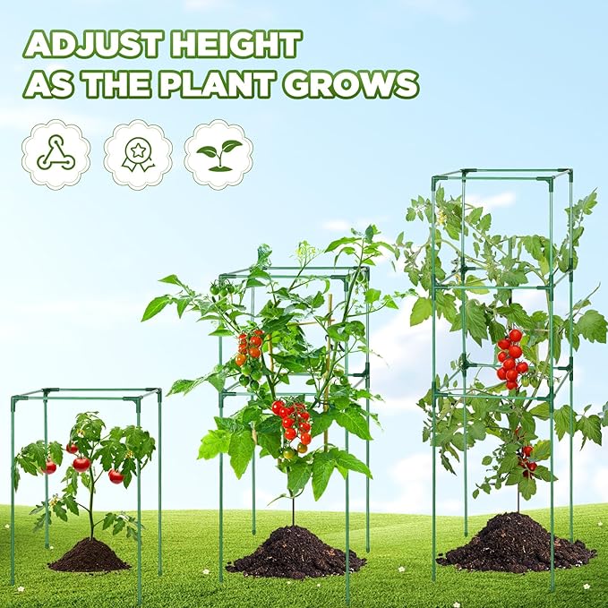 Menkxi 8 Pack 48 Inch Square Tomato Cages for Garden Heavy Duty Plant Cages Plant Support Stake Tower Climbing Vegetables Fruit Plants Cages with 200m Garden Wire 100 Cable Ties 50 Green Plant Clips