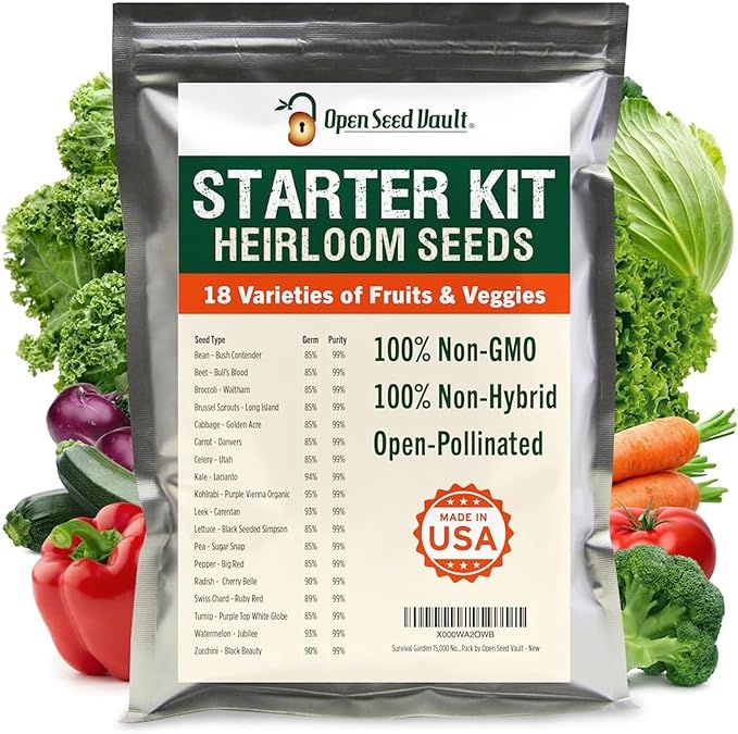 Open Seed Vault 15,000 Heirloom Plant Seeds for Gardening Vegetables and Fruits - Survival Seeds Kit with 30 Varieties - Organic, Non-GMO Survival Seed Pack for Home Gardening and Emergency Supplies