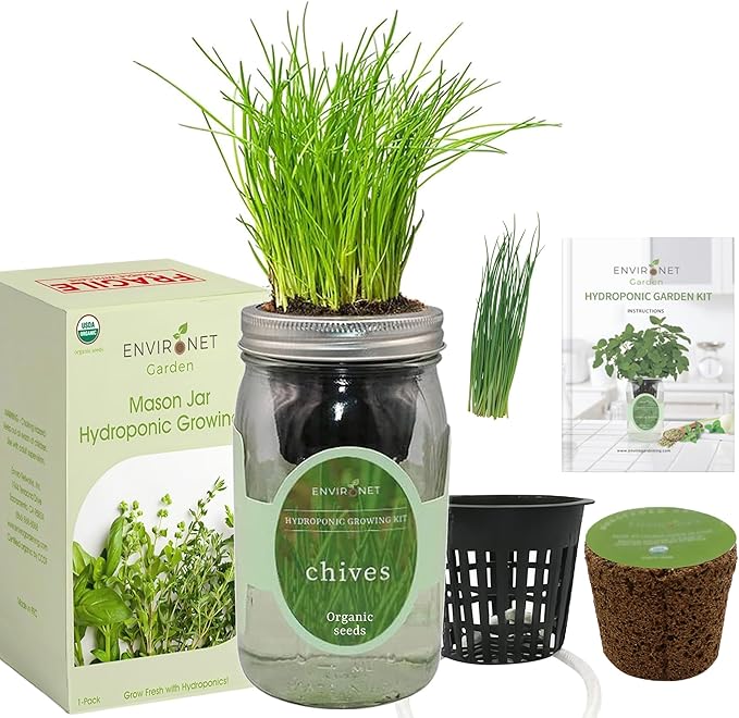 Hydroponic Herb Growing Kit, Self-Watering Mason Jar Herb Garden Starter Kit Indoor, Grow Your Own Herbs from Organic Seeds (Chives)