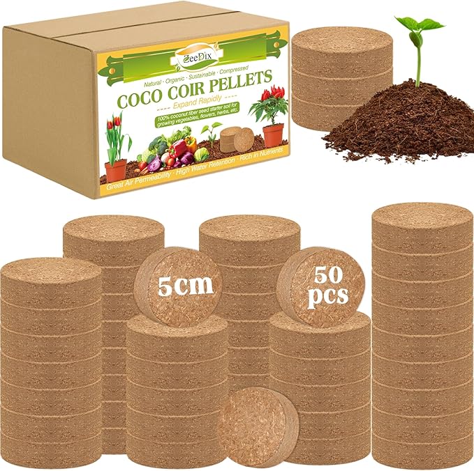 ZeeDix 50pcs 50mm Coco Coir Pellets Potting Soil, Organic Coconut Fiber Seed Starter Soil Pellets, Coconut Coir Soil Discs for Indoor Outdoor Plants, Herbs Houseplants Flowers Succulents Vegetables