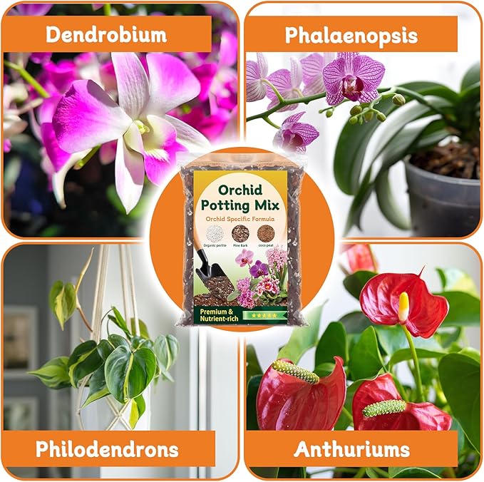 Orchid Potting Mix,Premium Orchid Bark Potting Mix for Repotting Blend with Pine Bark,Perlite,Coco Peat, Natural Ingredients for Indoor Potted Plant, Well Drainage and Ventilation 4QT