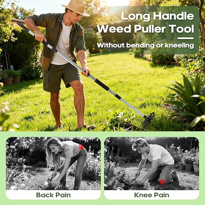 Weed Tool with Long Handle - 60" Manual Weeder Remover Tool, 2 in 1 Hand Weed Rake and Garden Hoe for Gardening, Heavy Duty Uprooting Weeding Pull for Yard, Lawn, Patio and Garden