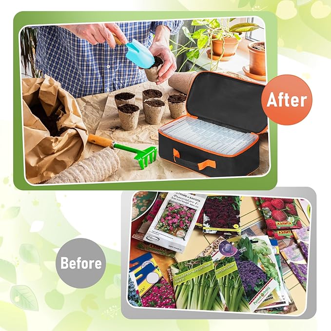 FACULX 15 Slots Seed Storage Box with 20 Seed Envelopes, Large Capacity Seeds Organizer Container with Zipper Bag Label Stickers, Seeds Saving Container for Garden Vegetable and Flower (Orange)
