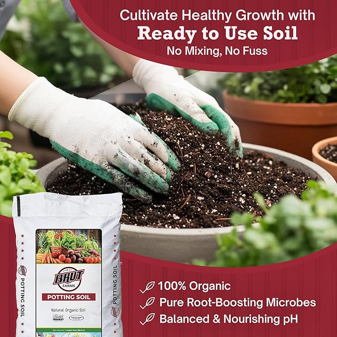 Brut Organic Potting Soil 1 CU FT – Premium Plant Soil with Organic Worm Castings, Trace Minerals & Perlite – Chemical-Free, Filler-Free – Ideal Potting Mix for Indoor & Outdoor Plants – Pack of 1