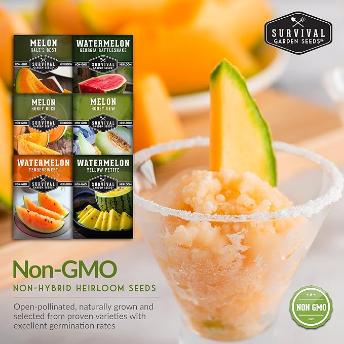 Melon Seeds Variety Pack – 6 Heirloom Cantaloupe, Honeydew & Watermelon Types for Planting – with Honey Rock, Hale’s Best, Tendersweet, Georgia Rattlesnake – Survival Garden Seeds