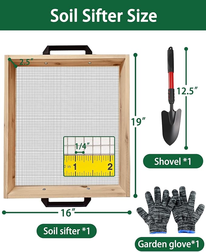 19" x 16" Large Soil Sifter for Gardening, Wooden Compost Sifter, Dirt Sifter, Rock Sifter, Soil Sieve with 1/4in Sifting Screen, Sifting Peat Moss Gravel for Wheelbarrow Trowel Tool Set