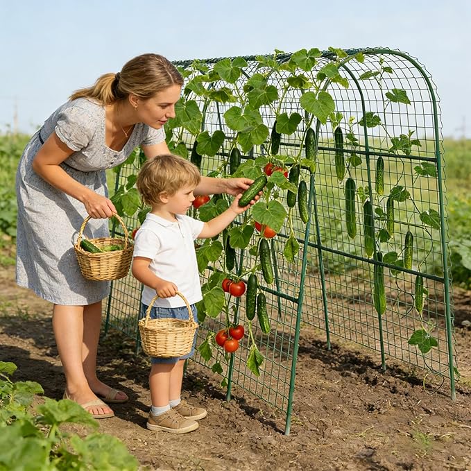 Cucumber Trellis, Metal Garden Arch Trellis for Raised Bed, 63 x 48inch U-Shape Garden Trellis for Climbing Plants Outdoor, Vegetables Fruit Plant Support with Netting, Gardening Supplies (Green)