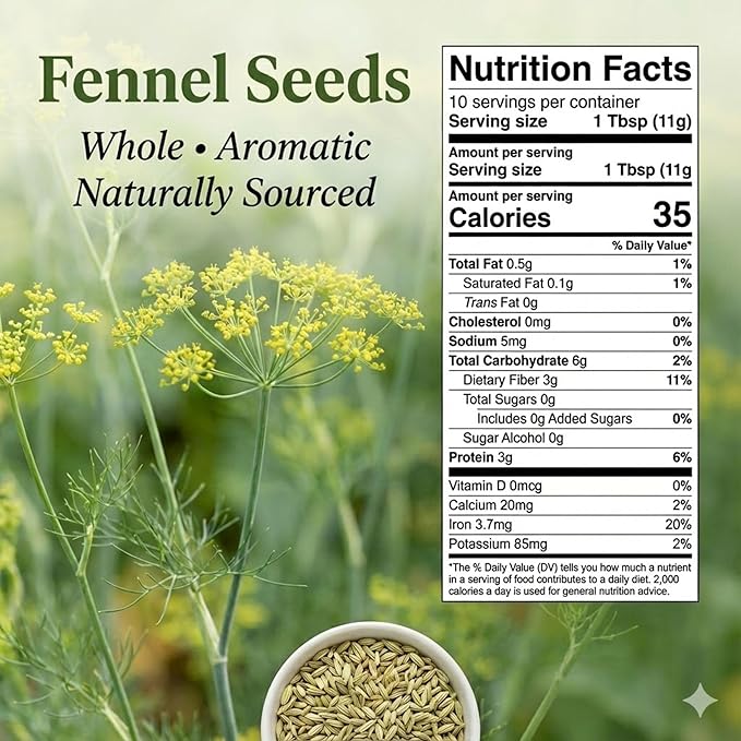 Spicy Pantry Fennel Seeds Whole - Foeniculum vulgare - 100% Natural - Resealable Bag - Great for Tea, Cooking, and Baking - 12 oz