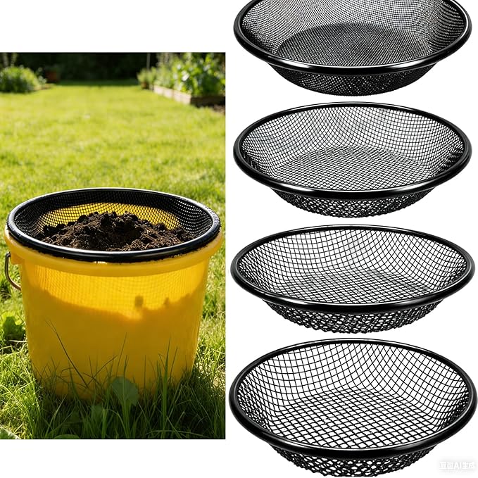 QwayHome 4Pcs Soil Sifter for Gardening, Heavy Duty Galvanized Steel Screen with 4 Aperture Sizes (2/4/6/8mm), Rust-Resistant Sifter Fits 5 Gallon Bucket for Compost, Dirt, Sand,Rock & Shell Sifting