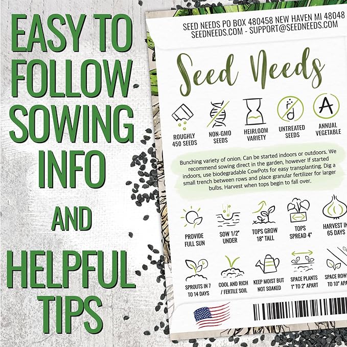 Seed Needs Onion Seeds for Planting Tokyo White Bunching Long Day Onions - Non-GMO Heirloom & Untreated Vegetable Seeds to Plant an Outdoor Home Grown Veggie Garden (1 Pack)