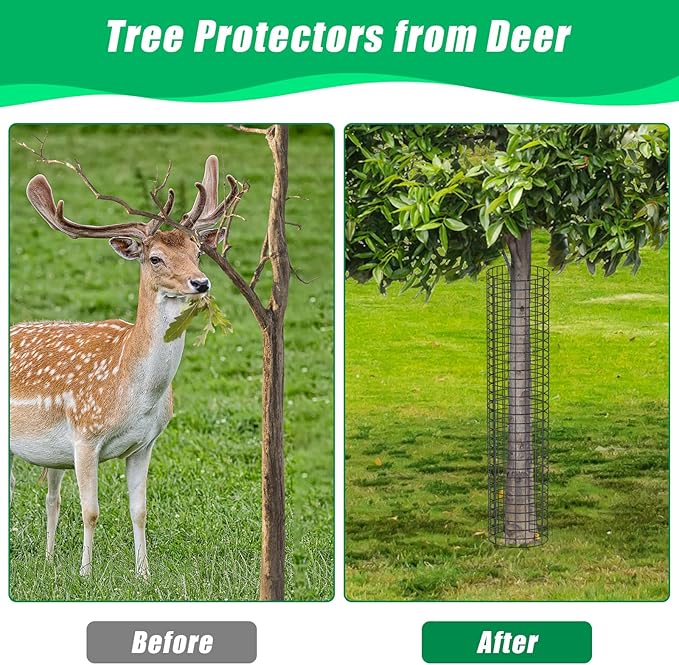 UQM Tree Trunk Protector, 24 Pcs Metal Tree Guards Trunk Protector with Glove & Metal Stakes & Zip Ties, 12 Pack Mesh Tree Bark Protector, Plant Protectors from Deer Animals Mowers Trimmers