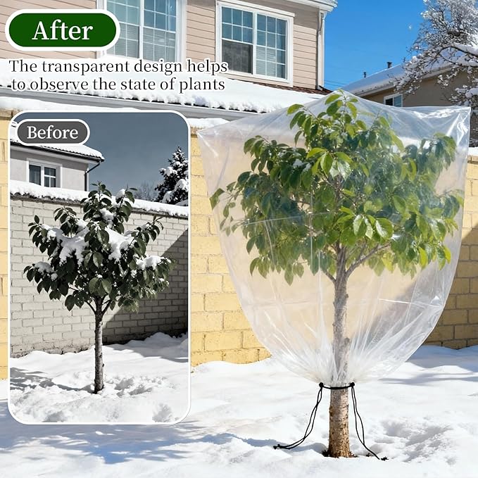 2 Pcs Winter Plant Covers Freeze Protection with Drawstring, 47"x71" Clear Plastic Film Shelter Bags, Waterproof Plant Frost Protection Covers for Outdoor Garden Shrubs Crops