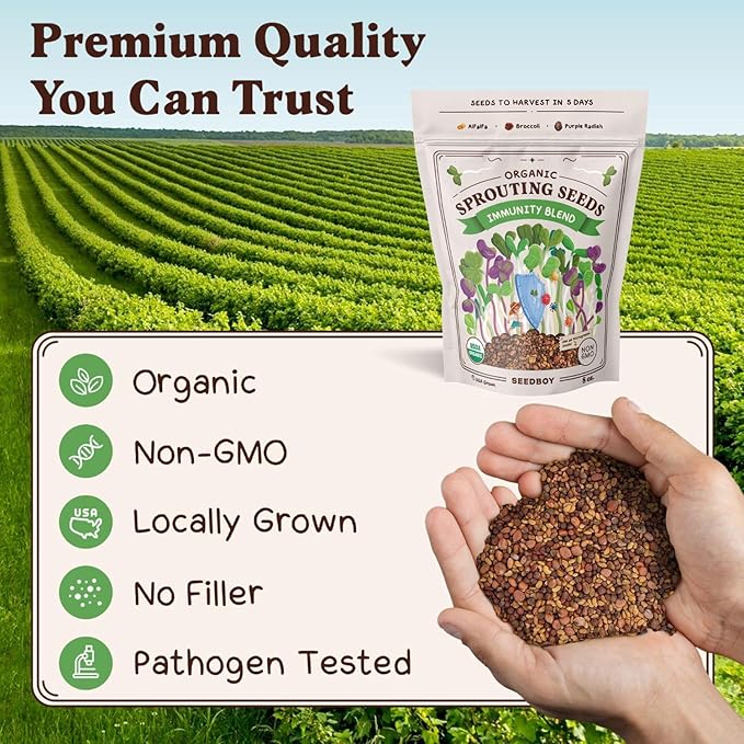 Seedboy Organic Non-GMO Sprouting Seeds, Immune System Booster - USA Grown Microgreens Mix with Broccoli, Purple Radish, Alfalfa - 8 oz Bag Makes 8 Quarts / 24 Servings (Immune System Booster Blend)